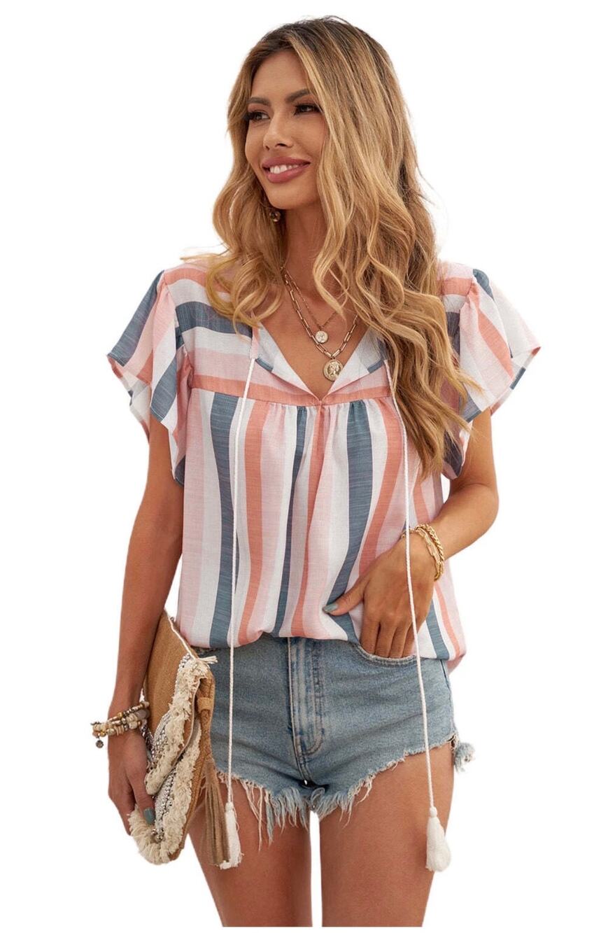 C+D+M Colorful Striped Boho Western Flutter Sleeve Top with Tassels V-Neck